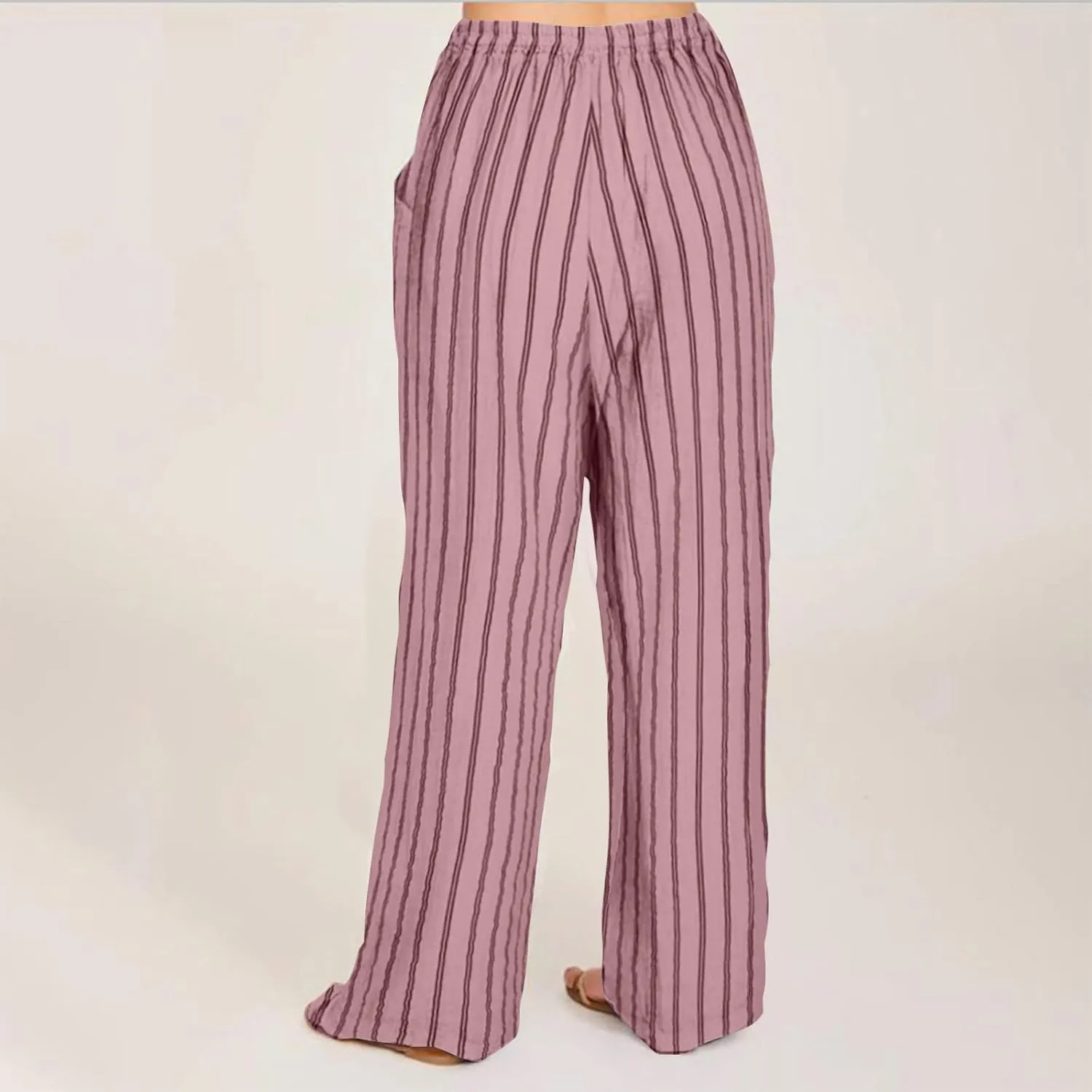 Women Cotton Linen Pants Elastic Waist Striped Wide Leg Palazzo Pant Lounge Casual Beach Clothes Trouser with Pockets