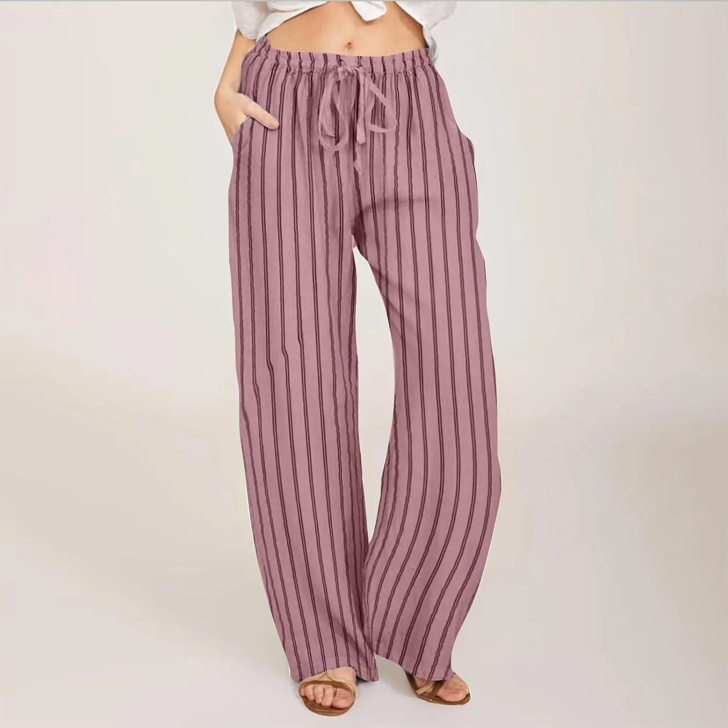 Women Cotton Linen Pants Elastic Waist Striped Wide Leg Palazzo Pant Lounge Casual Beach Clothes Trouser with Pockets