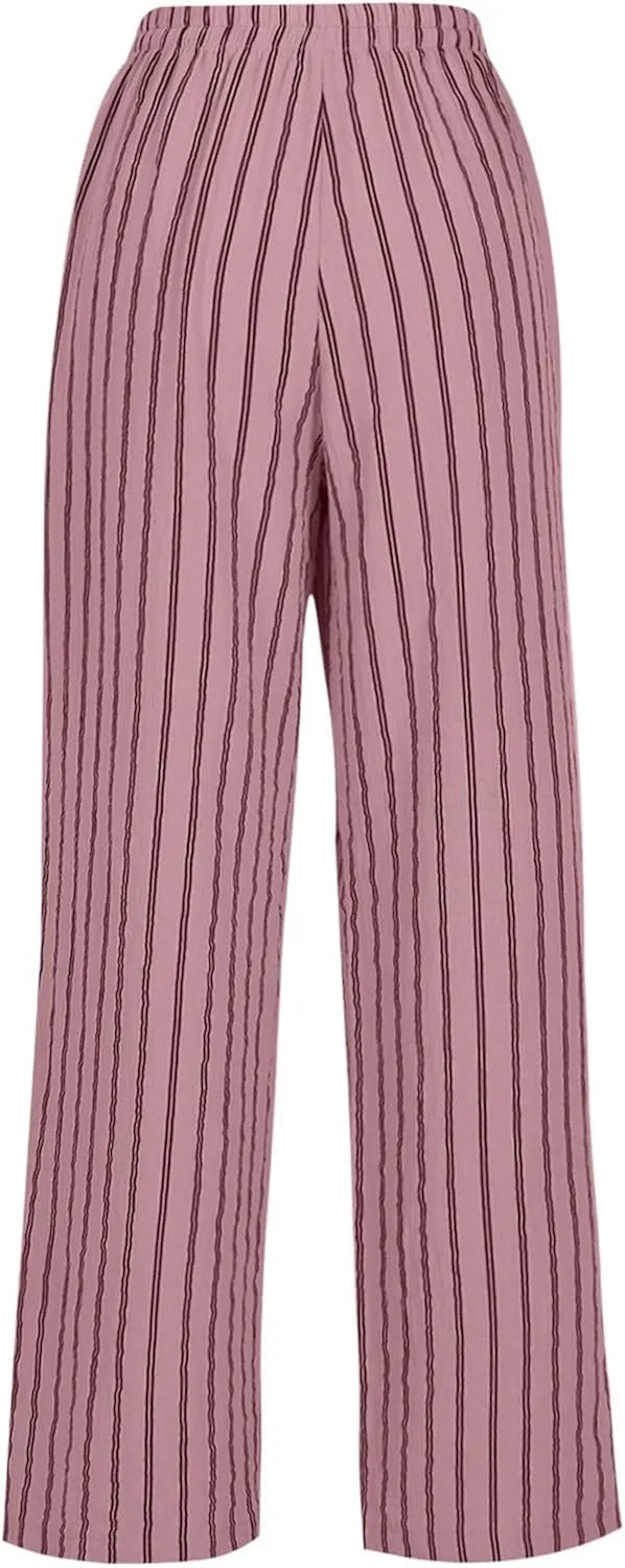 Women Cotton Linen Pants Elastic Waist Striped Wide Leg Palazzo Pant Lounge Casual Beach Clothes Trouser with Pockets