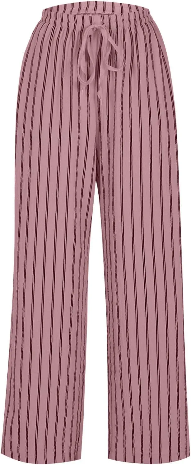 Women Cotton Linen Pants Elastic Waist Striped Wide Leg Palazzo Pant Lounge Casual Beach Clothes Trouser with Pockets