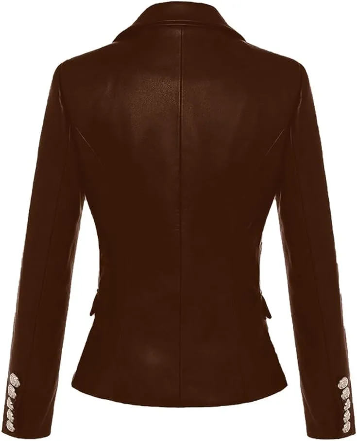 Women Double Breasted Fancy Buttons Sheepskin Leather Blazer - Kim Kardashian Long Sleeve Style Coat