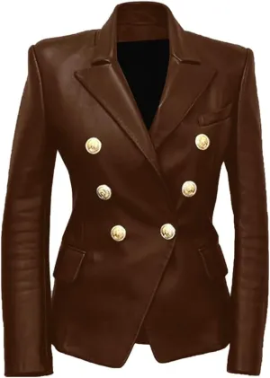 Women Double Breasted Fancy Buttons Sheepskin Leather Blazer - Kim Kardashian Long Sleeve Style Coat