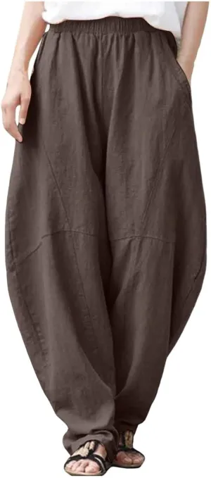 Women Fashion Solid Pocket Casual Loose Pants Spliced High Waist Trousers Wide Leg Pants for Women High Waist