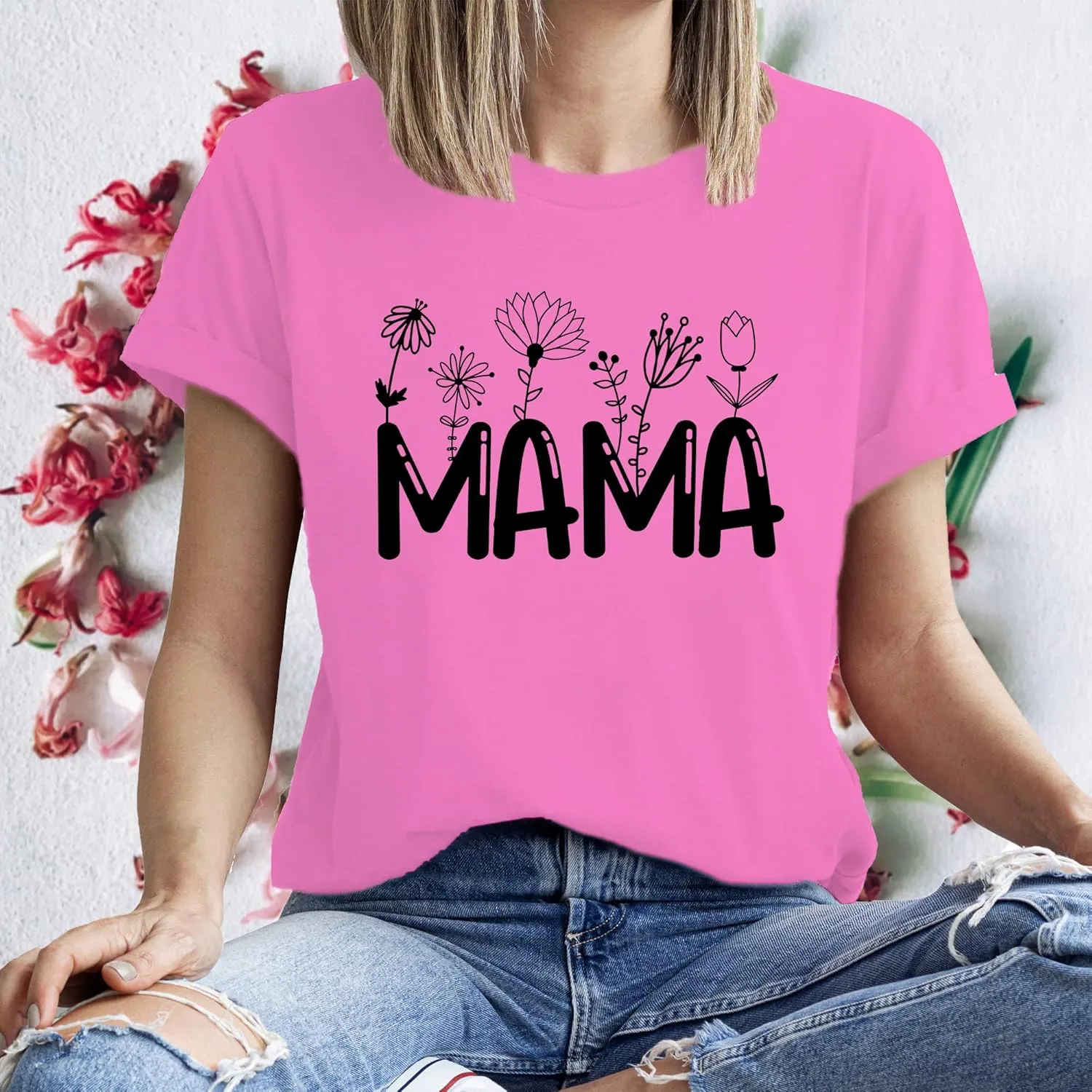 Women Graphic Tees Cute Nature Flower Printed Funny Short Sleeve Tops Vintage Novelty Casual Teacher Shirt