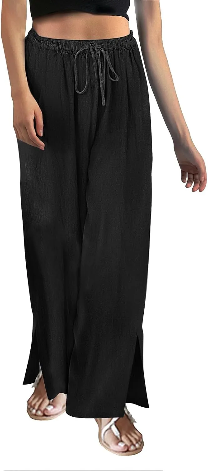Women Linen Palazzo Pants Linen High Elastic Waist Drawstring Ankle Pants Business Casual Pull On with Pockets