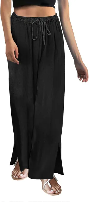 Women Linen Palazzo Pants Linen High Elastic Waist Drawstring Ankle Pants Business Casual Pull On with Pockets