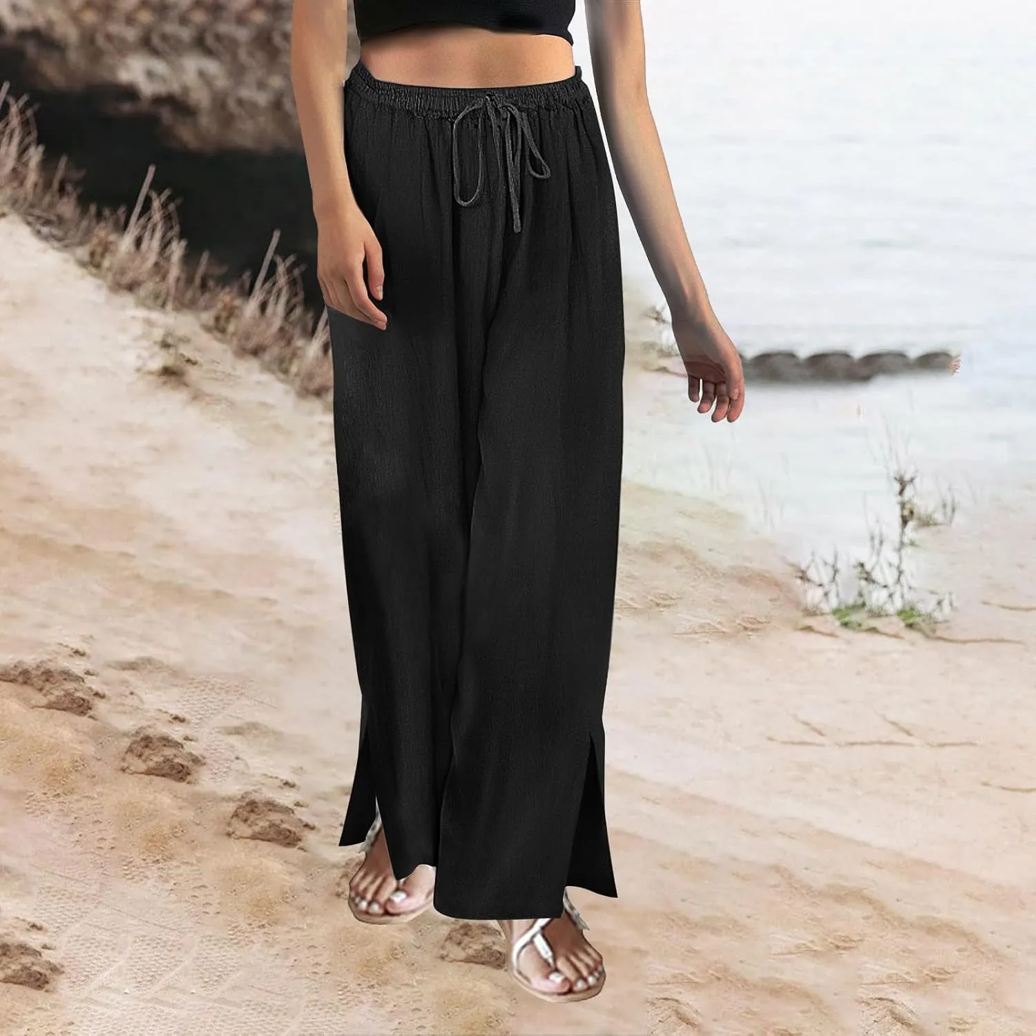 Women Linen Palazzo Pants Linen High Elastic Waist Drawstring Ankle Pants Business Casual Pull On with Pockets