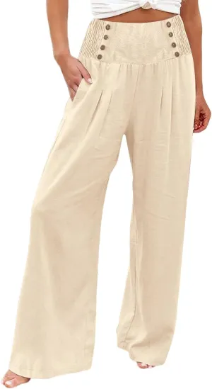 Women Linen Palazzo Pants Summer Trendy Wide Leg High Waist Casual Lounge Pant 2025 Beach Travel Vacation Outfits