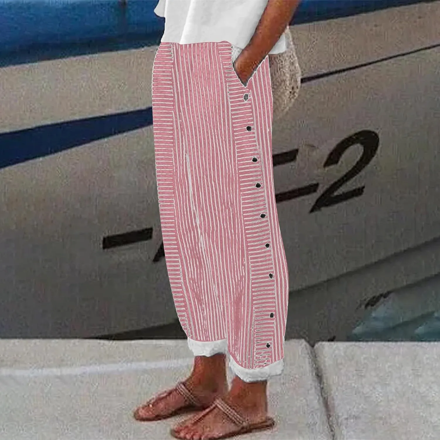 Women Linen Pants Casual Loose Elastic Waist Side Back Four Pockets 9/10 Pants Summer Beach Vacation Clothes for
