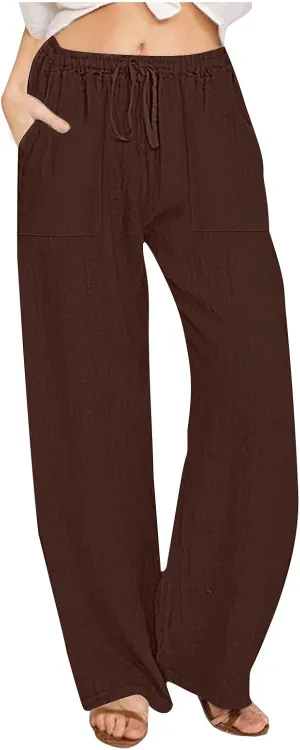Women Linen Pants Summer Lightweight Cotton Linen Wide Leg Lounge Trousers Casual Elastic Waist Boho Beach Palazzo