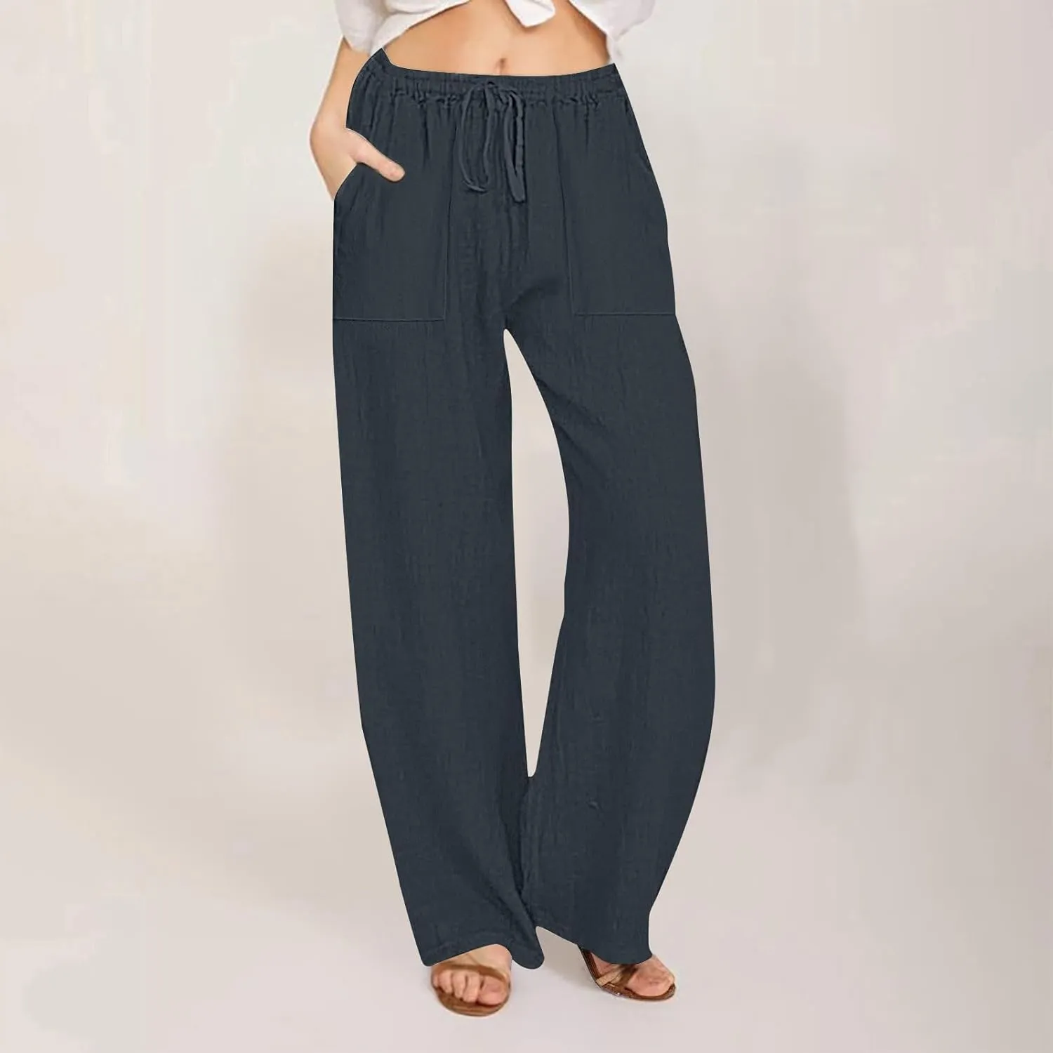 Women Linen Pants Summer Lightweight Cotton Linen Wide Leg Lounge Trousers Casual Elastic Waist Boho Beach Palazzo