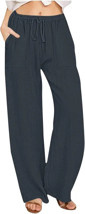 Women Linen Pants Summer Lightweight Cotton Linen Wide Leg Lounge Trousers Casual Elastic Waist Boho Beach Palazzo