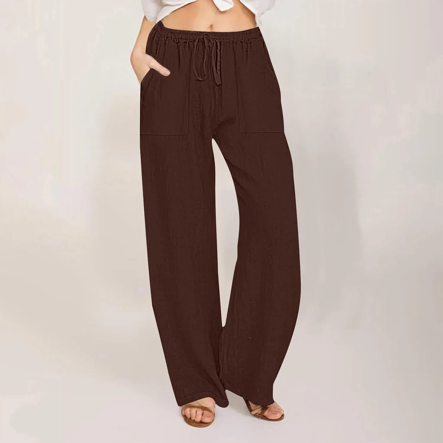Women Linen Pants Summer Lightweight Cotton Linen Wide Leg Lounge Trousers Casual Elastic Waist Boho Beach Palazzo