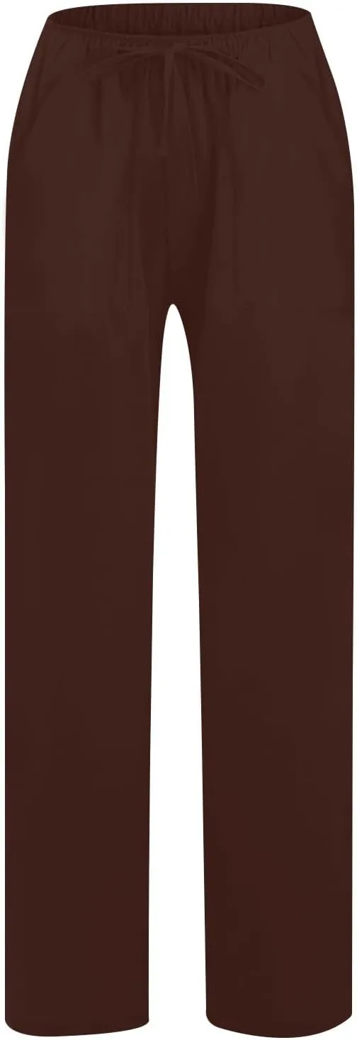 Women Linen Pants Summer Lightweight Cotton Linen Wide Leg Lounge Trousers Casual Elastic Waist Boho Beach Palazzo