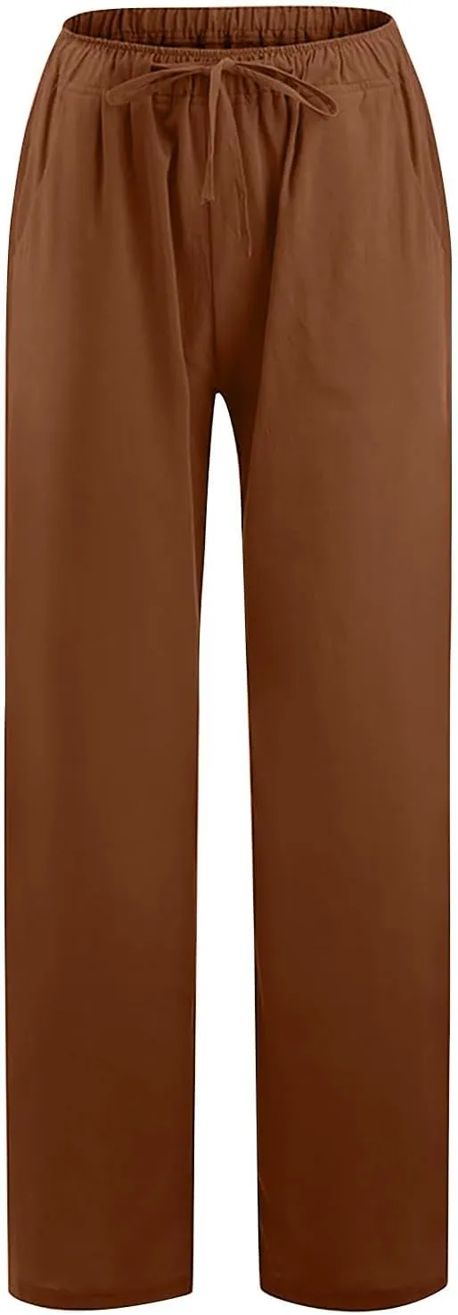 Women Linen Pants Wide Leg High Wasited Drawstring Beach Pants with Pockets Casual Loose Summer Lounge Pant