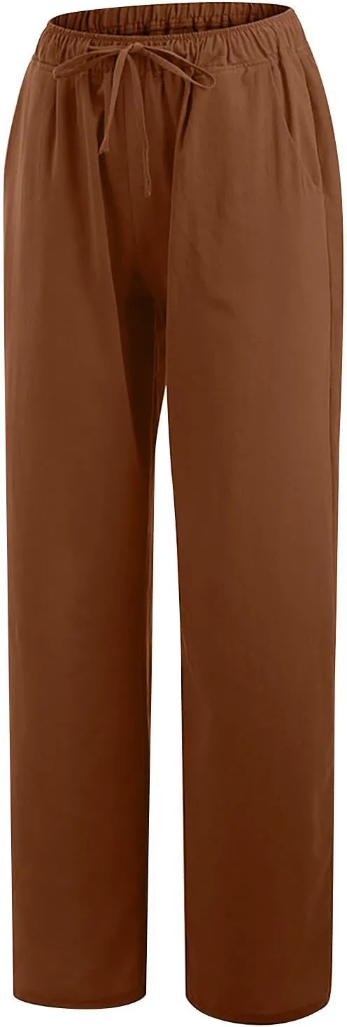 Women Linen Pants Wide Leg High Wasited Drawstring Beach Pants with Pockets Casual Loose Summer Lounge Pant