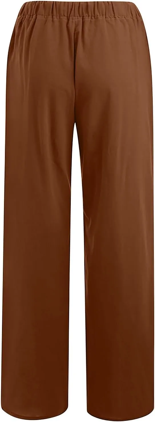 Women Linen Pants Wide Leg High Wasited Drawstring Beach Pants with Pockets Casual Loose Summer Lounge Pant