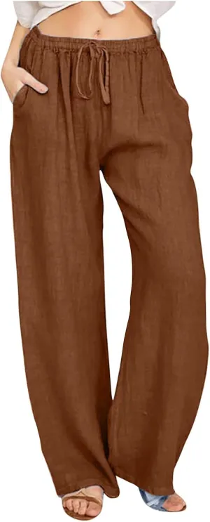 Women Linen Pants Wide Leg High Wasited Drawstring Beach Pants with Pockets Casual Loose Summer Lounge Pant