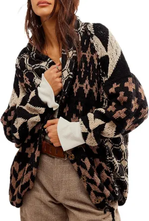 Women Shawl Collar Cardigan Sweater Y2k Print Botton Down Oversized Sweater Vintage Knit Sweater Coat Fall Fashion