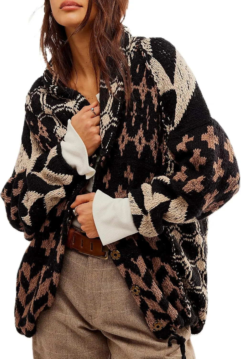 Women Shawl Collar Cardigan Sweater Y2k Print Botton Down Oversized Sweater Vintage Knit Sweater Coat Fall Fashion