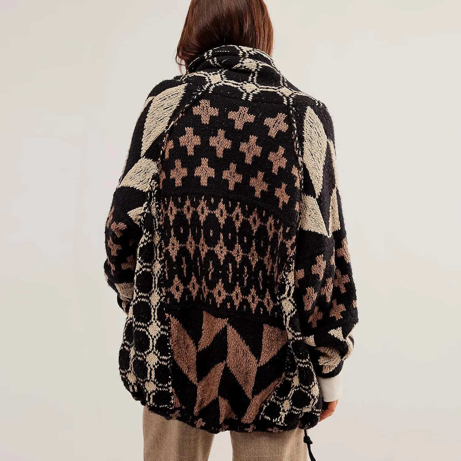 Women Shawl Collar Cardigan Sweater Y2k Print Botton Down Oversized Sweater Vintage Knit Sweater Coat Fall Fashion