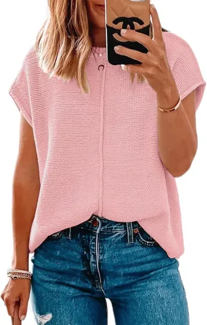 Women Short Sleeve Sweater Tops Spring 2025 Sleeveless Sweater Vest Casual Knit Cap Sleeve Sweater Tanks