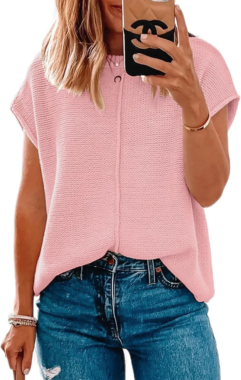 Women Short Sleeve Sweater Tops Spring 2025 Sleeveless Sweater Vest Casual Knit Cap Sleeve Sweater Tanks