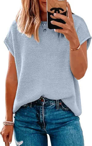 Women Short Sleeve Sweater Tops Spring 2025 Sleeveless Sweater Vest Casual Knit Cap Sleeve Sweater Tanks