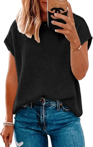 Women Short Sleeve Sweater Tops Spring 2025 Sleeveless Sweater Vest Casual Knit Cap Sleeve Sweater Tanks