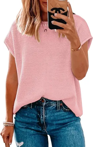 Women Short Sleeve Sweater Tops Spring 2025 Sleeveless Sweater Vest Casual Knit Cap Sleeve Sweater Tanks