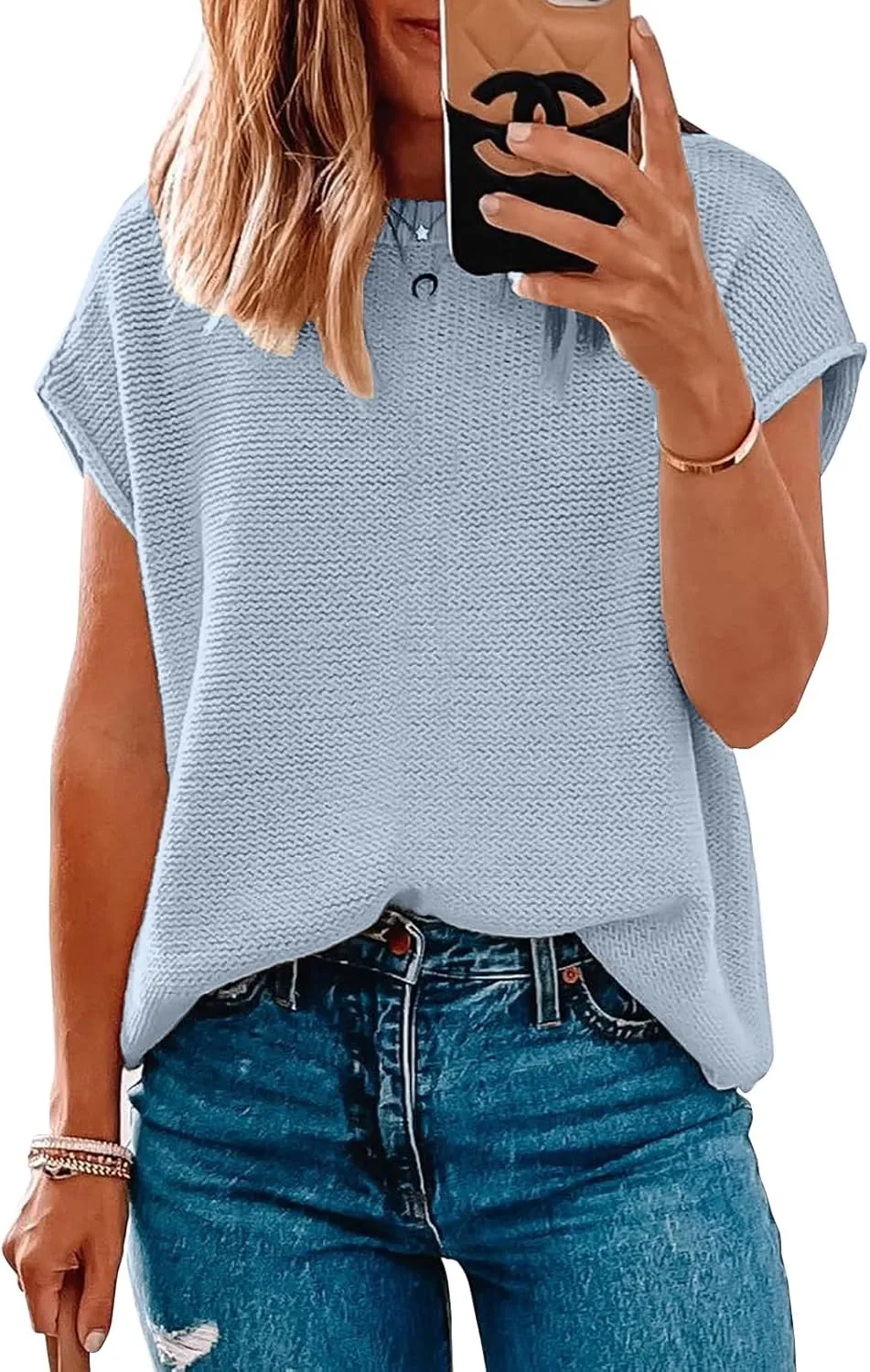 Women Short Sleeve Sweater Tops Spring 2025 Sleeveless Sweater Vest Casual Knit Cap Sleeve Sweater Tanks