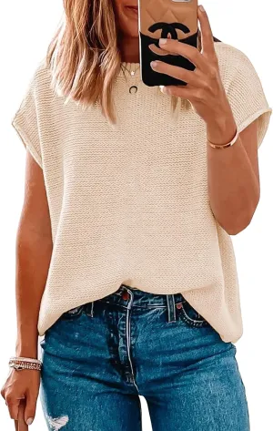 Women Short Sleeve Sweater Tops Spring 2025 Sleeveless Sweater Vest Casual Knit Cap Sleeve Sweater Tanks