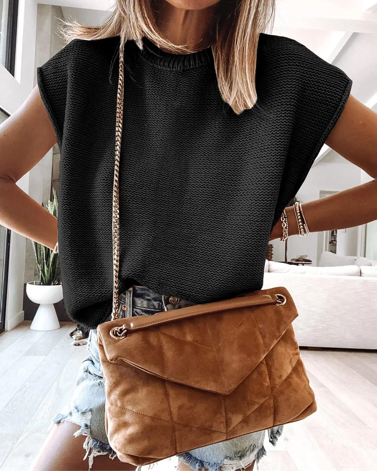 Women Short Sleeve Sweater Tops Spring 2025 Sleeveless Sweater Vest Casual Knit Cap Sleeve Sweater Tanks
