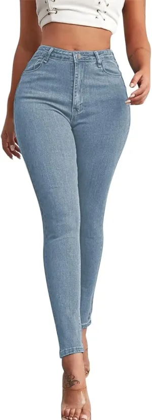 Women Slim High Waist Pencil Pants Button Sexy Skinny Jeans Pants with Pockets Trendy Comfy Stretchy Denim Trousers