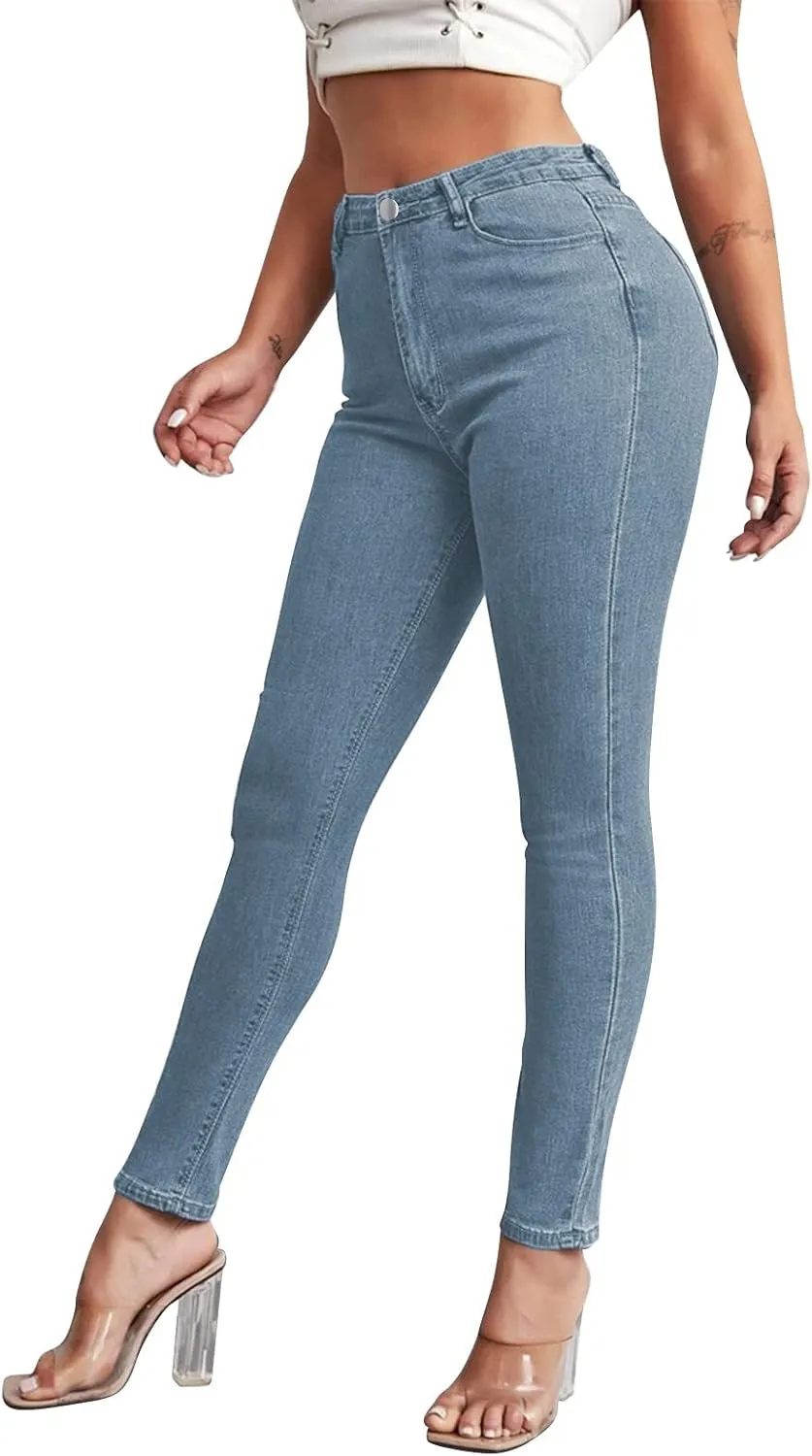 Women Slim High Waist Pencil Pants Button Sexy Skinny Jeans Pants with Pockets Trendy Comfy Stretchy Denim Trousers