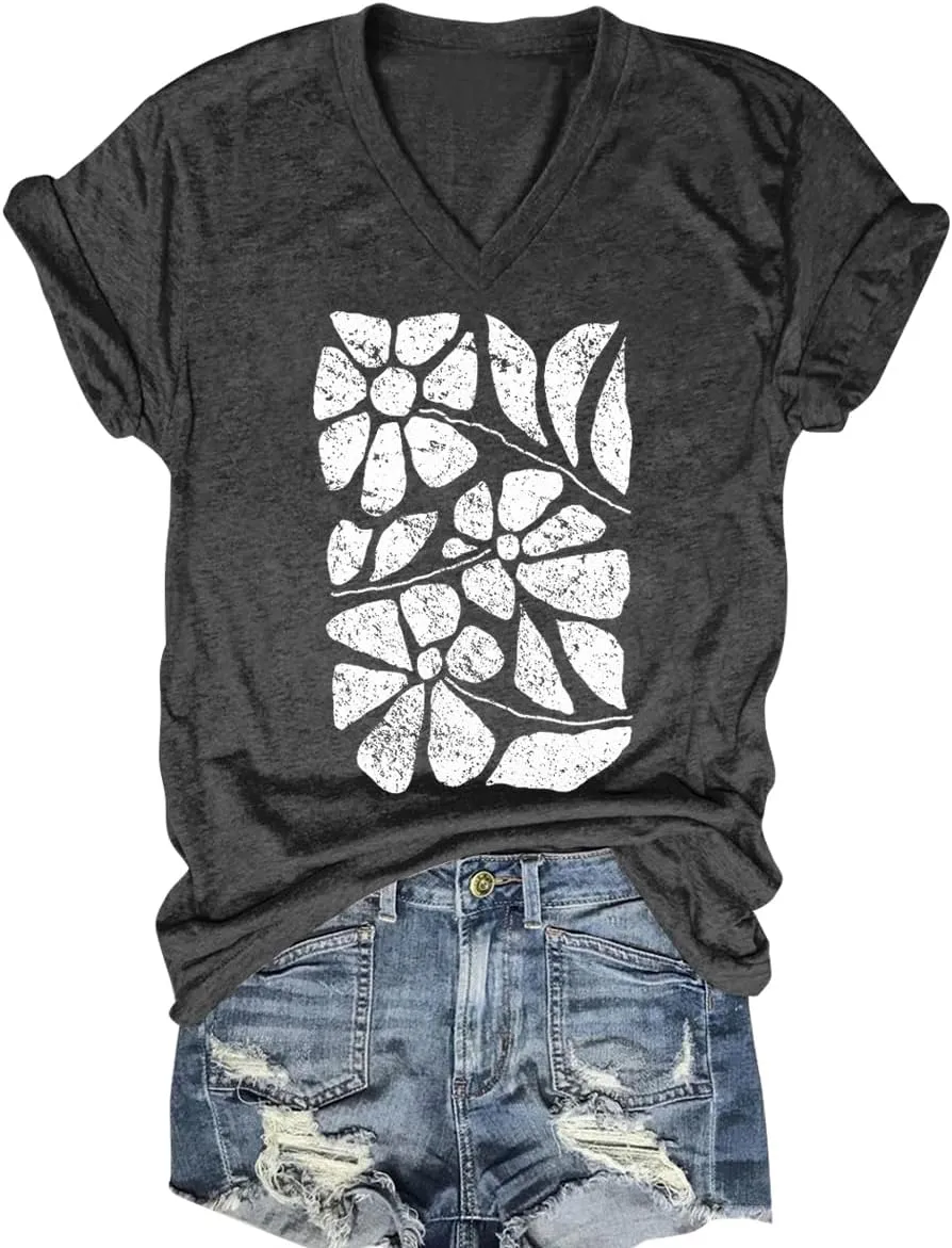 Women Summer Beach Tops Trees Print V Neck Short Sleeve Coconut Tree T Shirt Funny Graphic Tees
