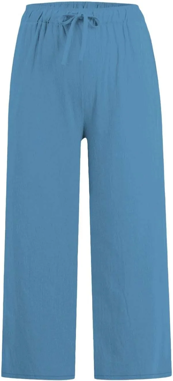 Women Summer Pants 2024 Cotton Linen High Waisted Cropped Pant Drawstring Elastic Casual Trousers with Pockets