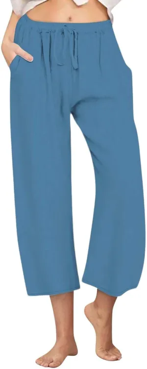 Women Summer Pants 2024 Cotton Linen High Waisted Cropped Pant Drawstring Elastic Casual Trousers with Pockets