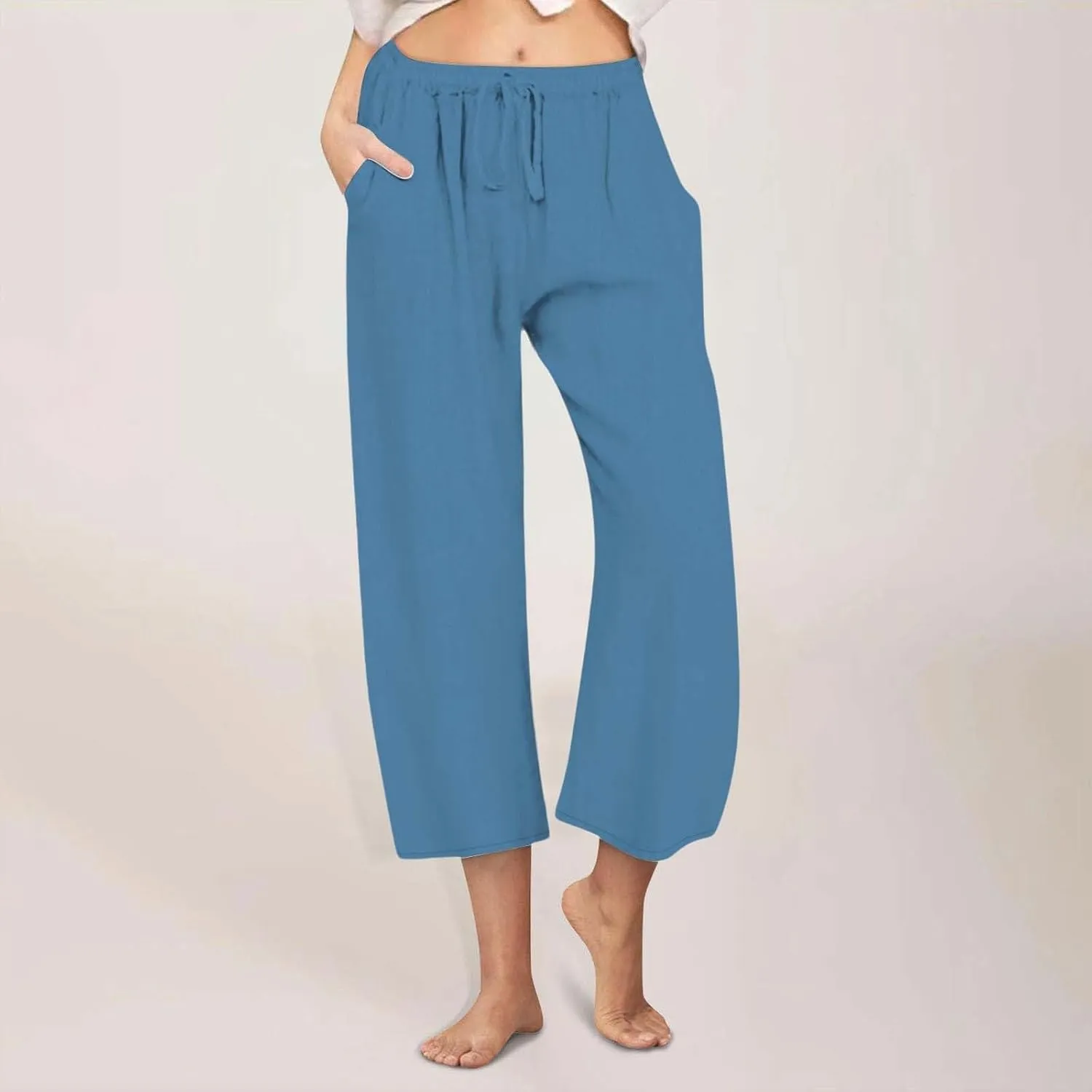 Women Summer Pants 2024 Cotton Linen High Waisted Cropped Pant Drawstring Elastic Casual Trousers with Pockets