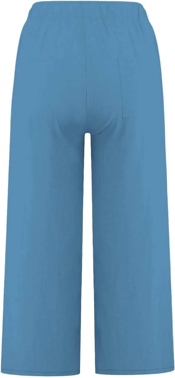 Women Summer Pants 2024 Cotton Linen High Waisted Cropped Pant Drawstring Elastic Casual Trousers with Pockets