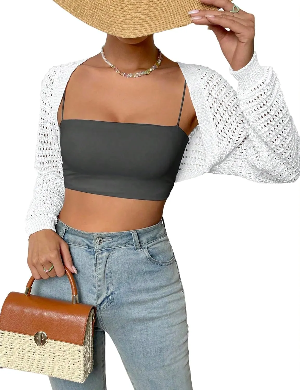 Women Y2K Crochet Shrug Sweater Crop Cardigans Drop Shoulder Knit Bolero Sweater