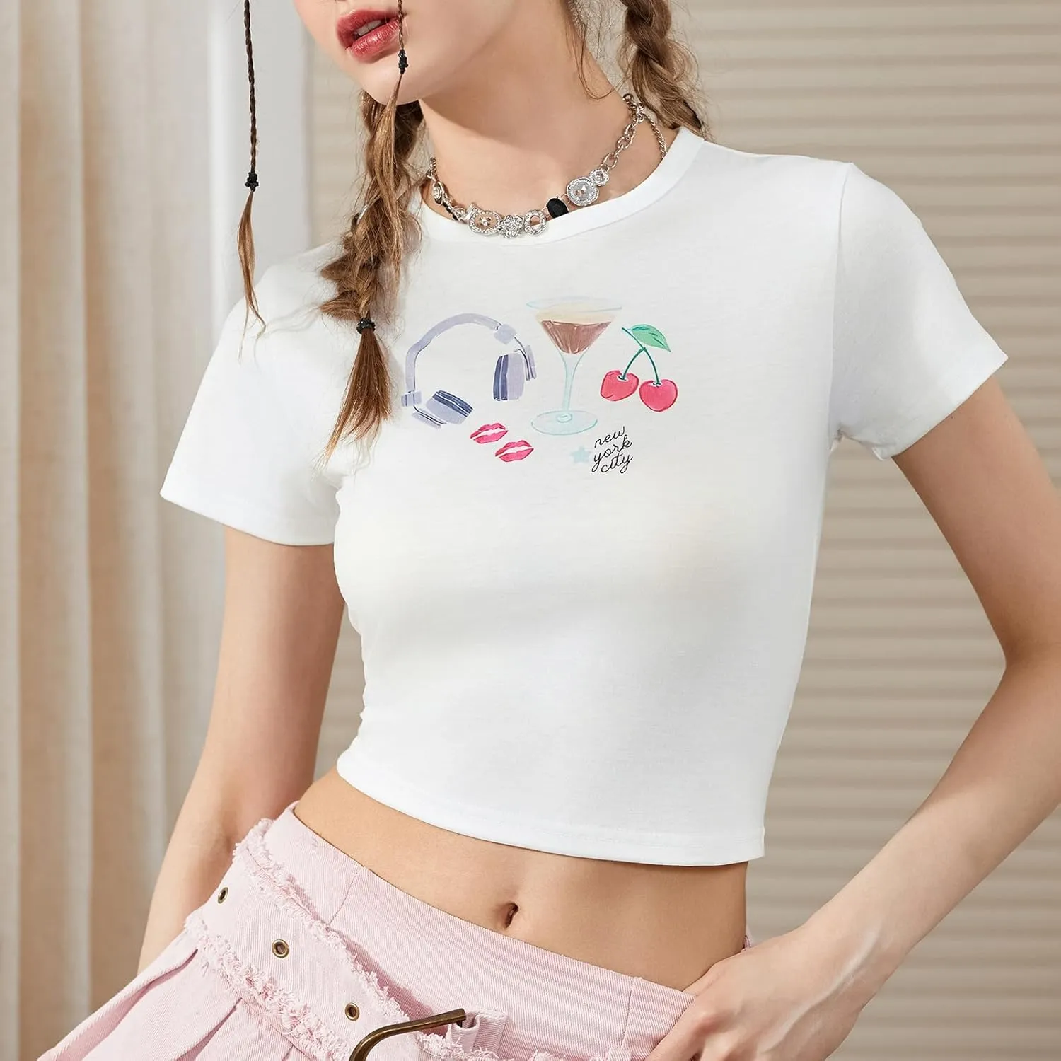 Women Y2k Graphic T-Shirt Crew Neck Short Sleeve Baby Tee Summer Crop Tops 00S Aesthetic Going Out Tops Streetwear
