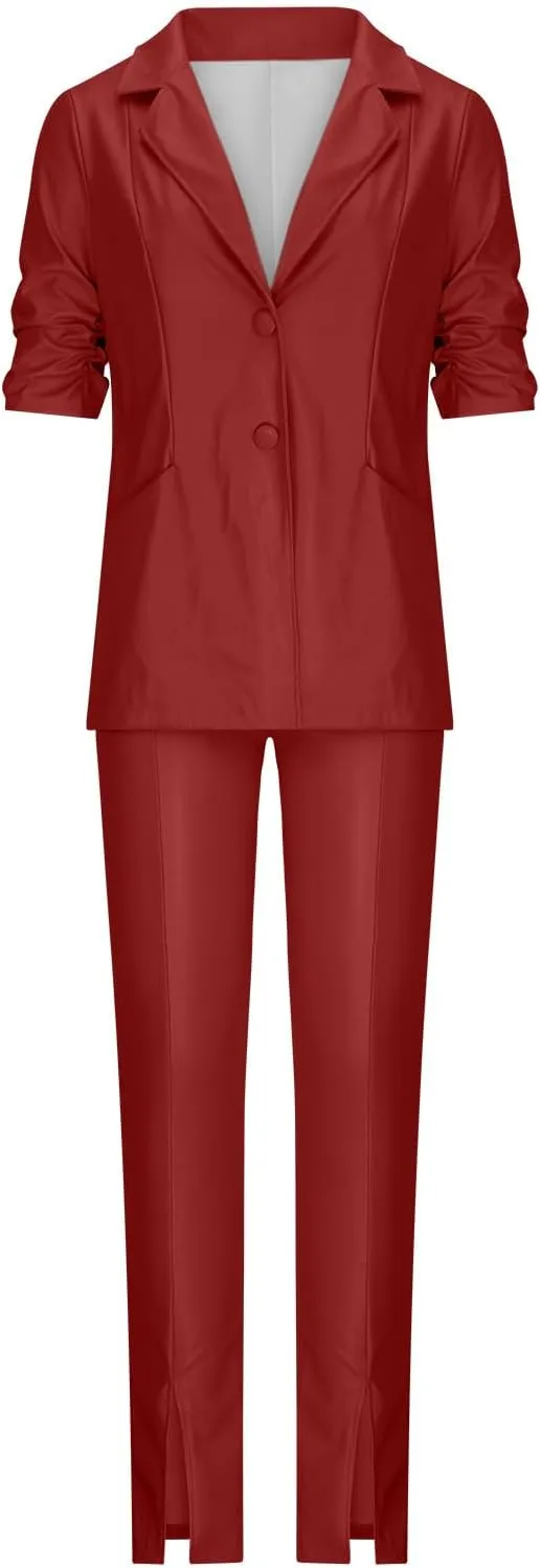 Women's 2 Piece Casual Outfits PU Leather Blazer Jackets High Waisted Split Pants Slim Work Pants Business Suit Set