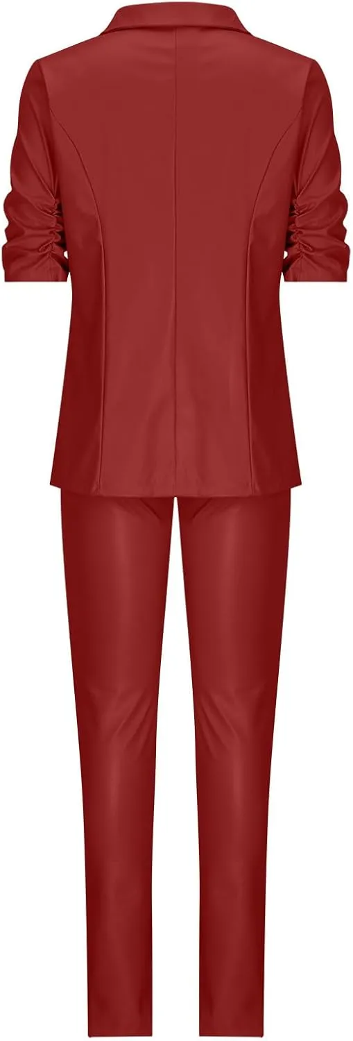 Women's 2 Piece Casual Outfits PU Leather Blazer Jackets High Waisted Split Pants Slim Work Pants Business Suit Set