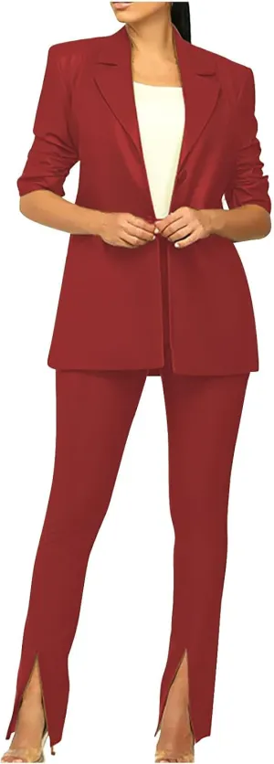 Women's 2 Piece Casual Outfits PU Leather Blazer Jackets High Waisted Split Pants Slim Work Pants Business Suit Set