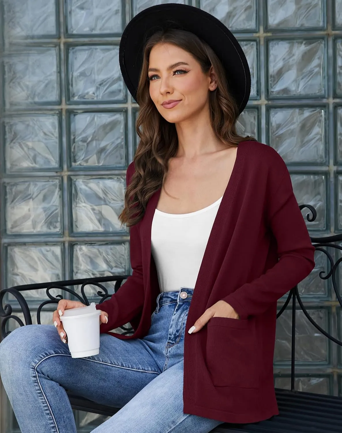 Womens 2024 Opening Cardigan Sweater Lightweight Cardigan Sweater Coat with Pocket Office Coat
