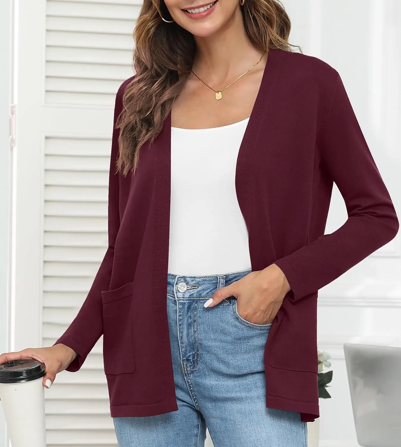 Womens 2024 Opening Cardigan Sweater Lightweight Cardigan Sweater Coat with Pocket Office Coat