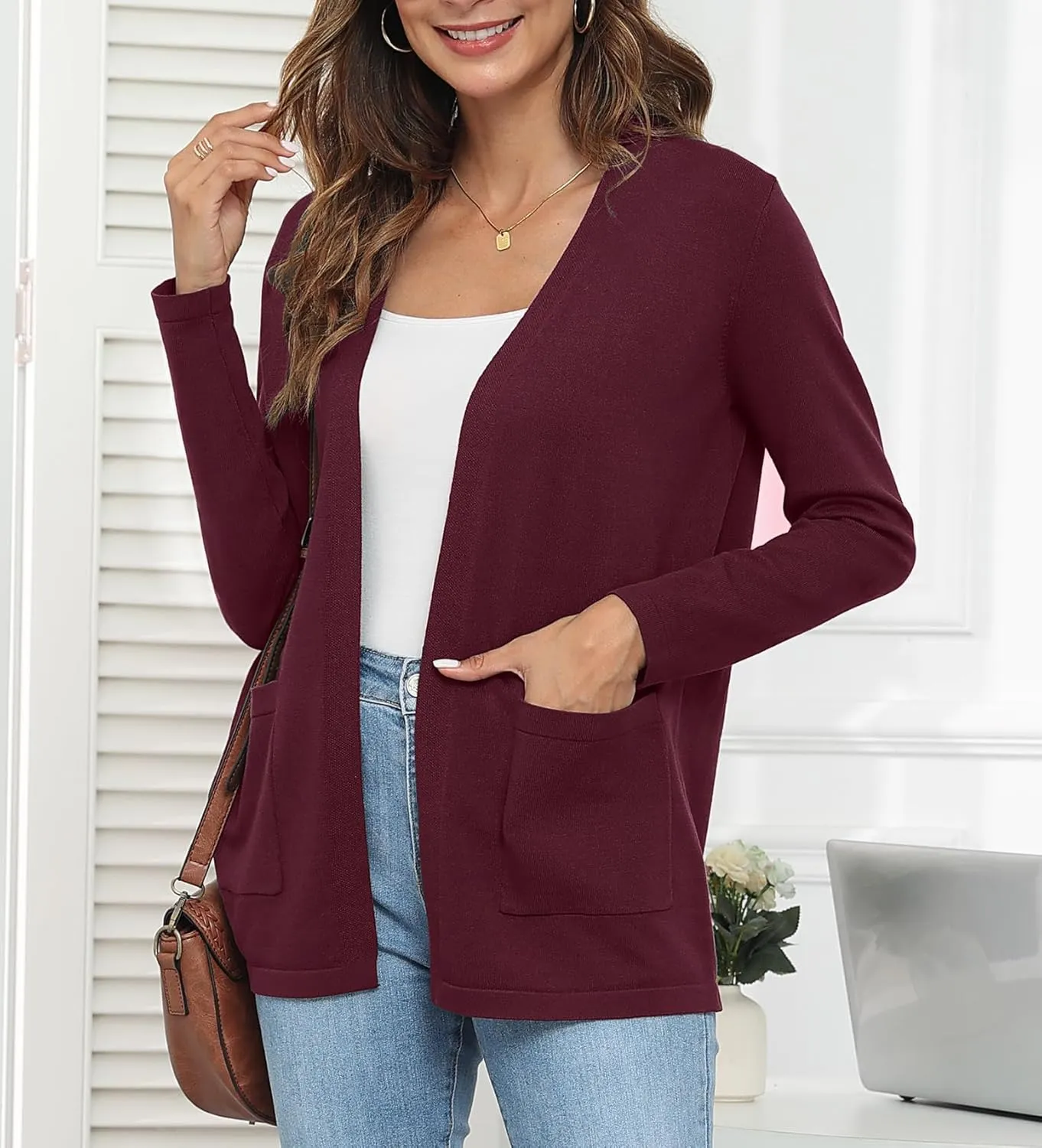 Womens 2024 Opening Cardigan Sweater Lightweight Cardigan Sweater Coat with Pocket Office Coat