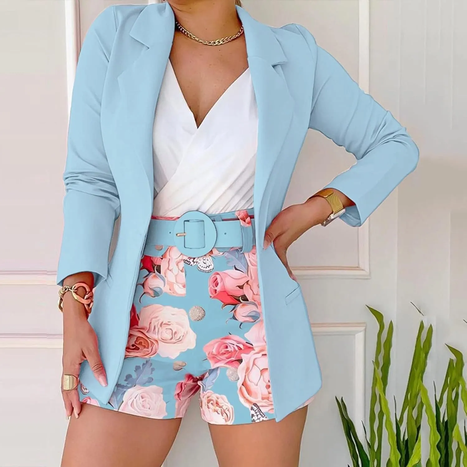 Womens 3 Piece Blazer Set Ladies Formal Office Work Business Blazer Open Front Cardigan Coat Floral Print Shorts Suits