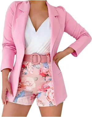 Womens 3 Piece Blazer Set Ladies Formal Office Work Business Blazer Open Front Cardigan Coat Floral Print Shorts Suits